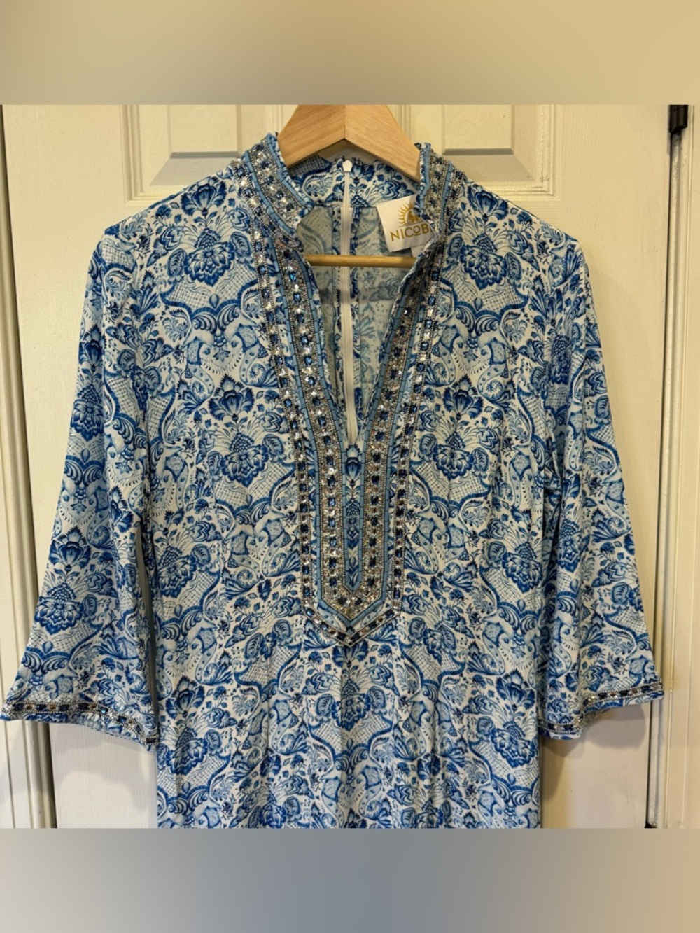 NEW SHALIMAR LONG TUNIC DRESS WITH SAPPHIRE JEWEL EMBELLISHMENT - NICOBLU Size 6 - Picture 7 of 11